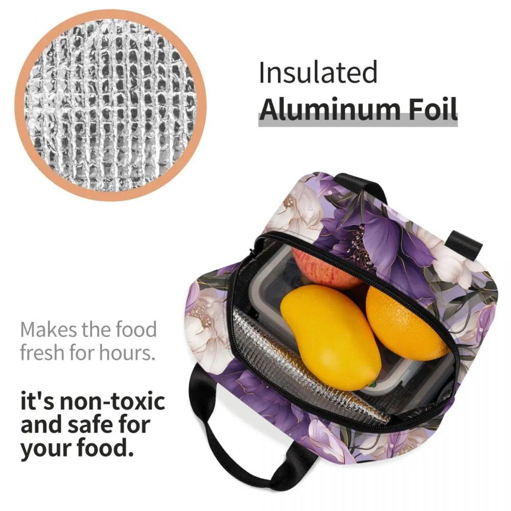 Light Purple Floral Pattern Insulated Lunch Bag for Women Children Portable Food Boxes Thermal Lunch Box Tote