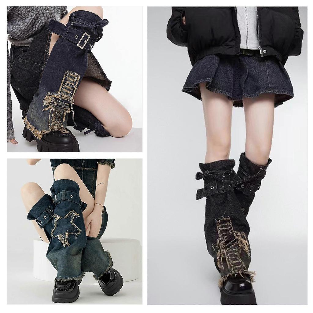 Japanese Women Buckled Strap Distressed Crosses Star Jeans Leg Warmers Harajuku Punk Flared Leg Cover Baggy Long Socks