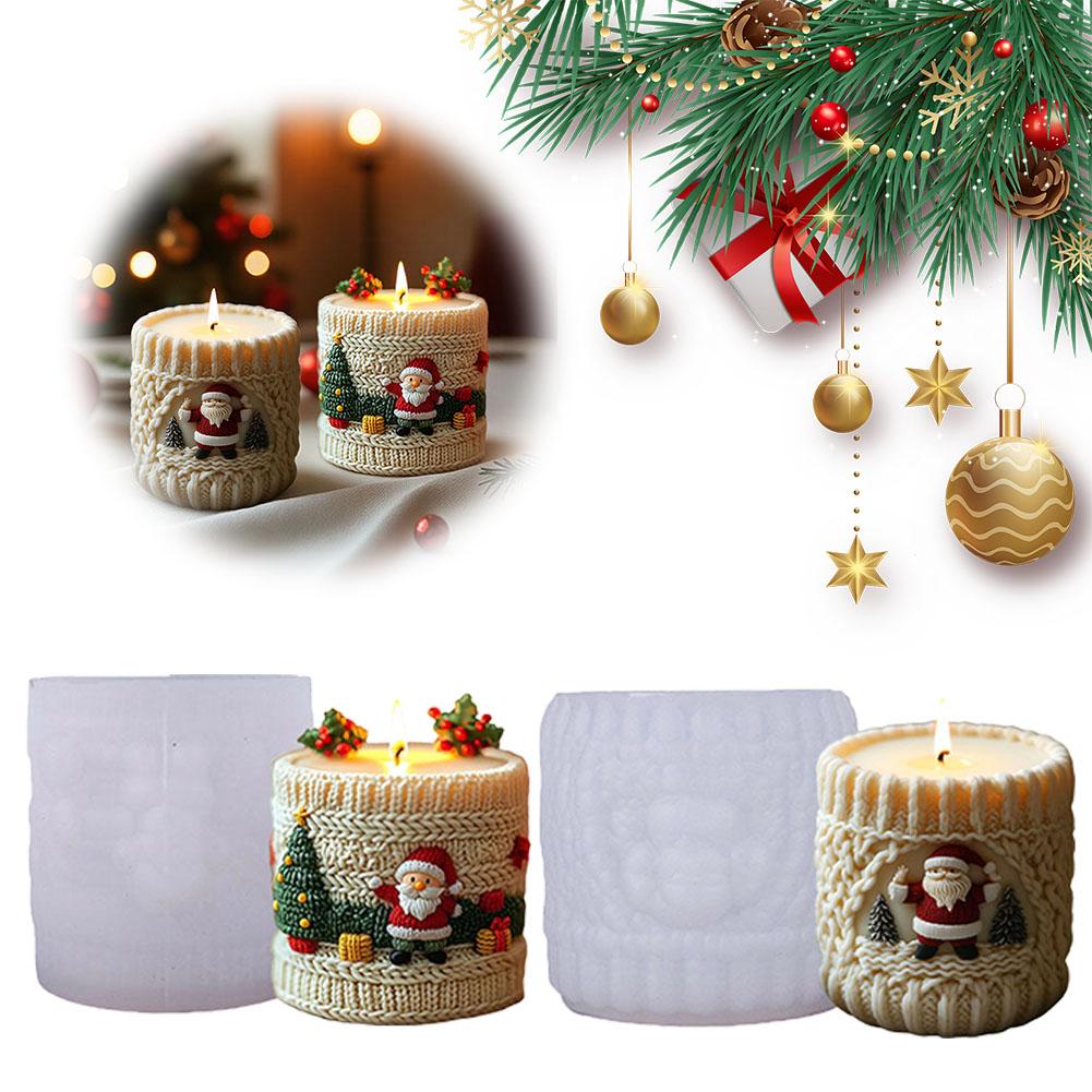 Santa Claus Knitted Cylinder Candle Silicone Mold Relief Santa Mold Claus Cylindrical Candle Mould Aromatherapy Gypsum Chri J8D3