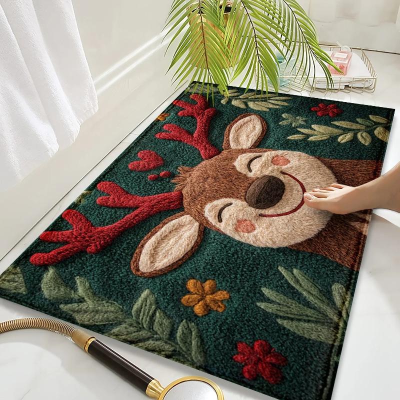 1/2 Christmas Reindeer Door Mat Anti-Slip Entrance Carpet Comfortable Winter Bathroom Kitchen Floor Mat Home Decoration