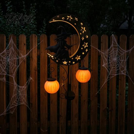 Solar Halloween Decorations for Outdoor Witch Pumpkin Moon Garden Stake Light, Waterproof on Crescent Unique Gifts Home with Lantern, LED Yard
