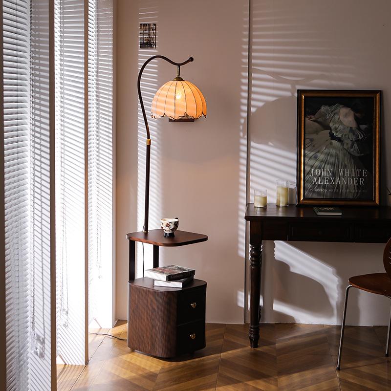 French Mid-Century Smart Bedside Table: Solid Wood, Integrated Lamp, Creative Storage Shelf