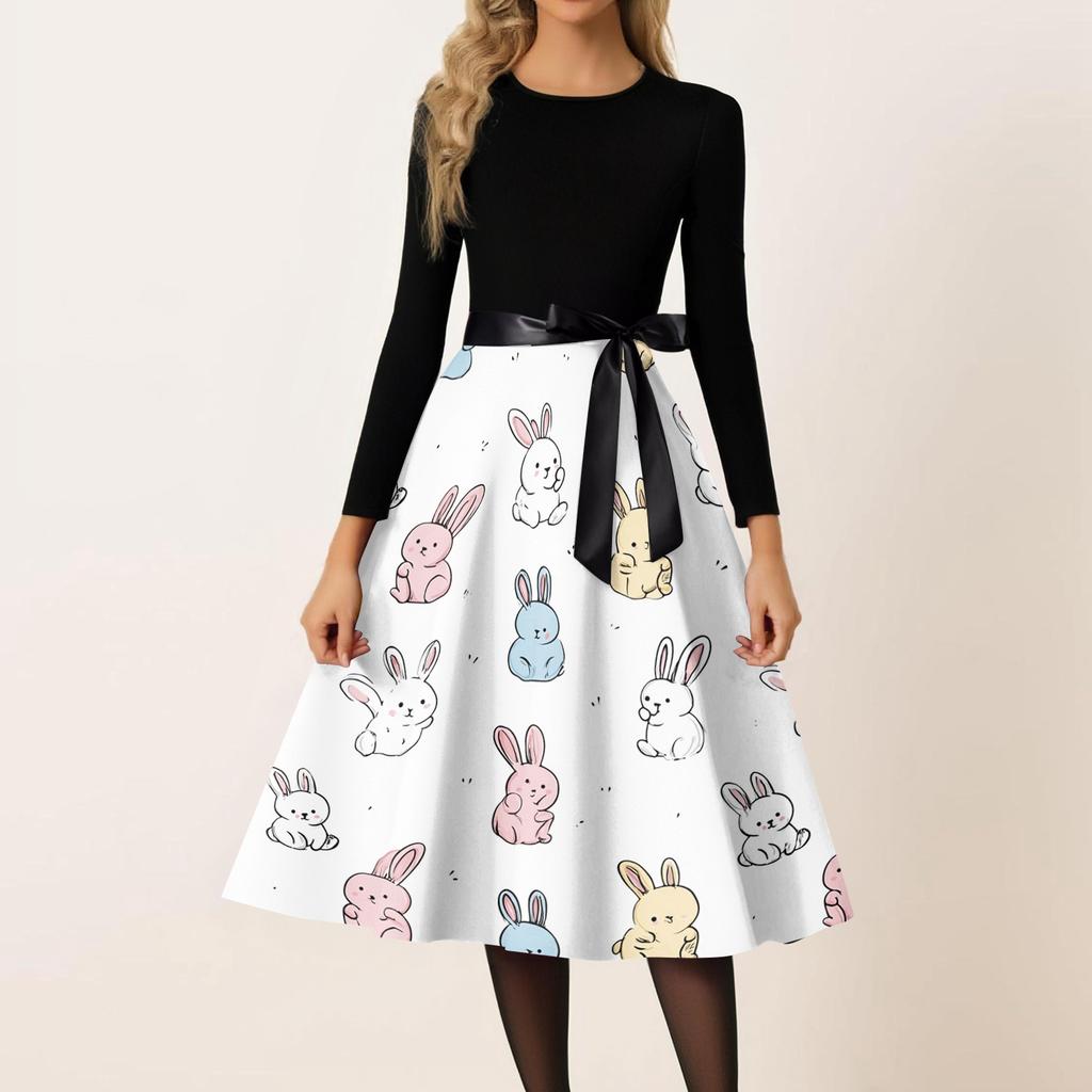 Damen Casual Mode Rundhals Karneval Bedrucktes Vintage Kleid