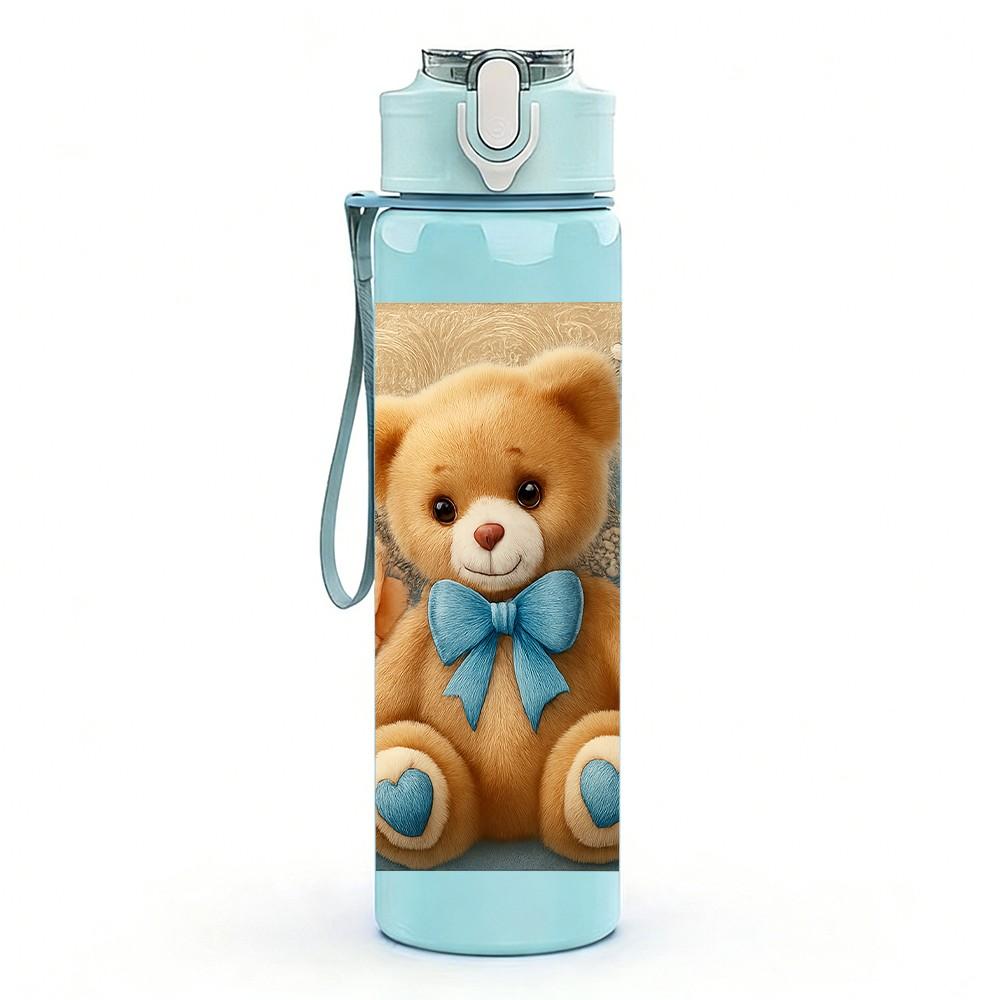 1PC Teddy Bear Rose Floral Print 750ml Color Plastic Sports Water Bottle Leakproof Flip Straw Lid Suitable for Sports Office Home Use