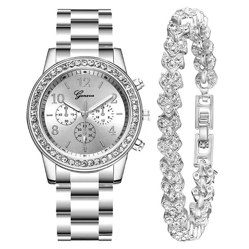 

Женский набор из 5 предметов: часы с двойным сердцем и стразами