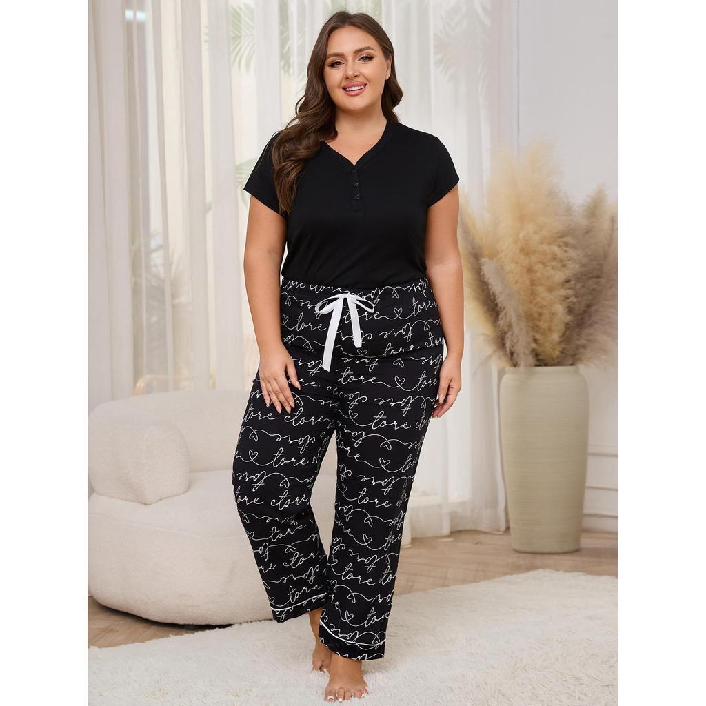 Women's Plus Size Spring/Summer Pajamas - Short Sleeve Top & Long Pants Homewear