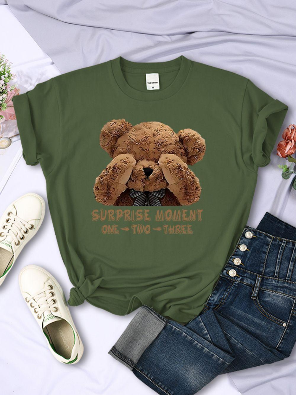 

Summer Womans TShirts One Two Three Teddy Bear Printed Tops Breathable Soft ONeck Tee Shirts Casual Cartoons Female Clothes S