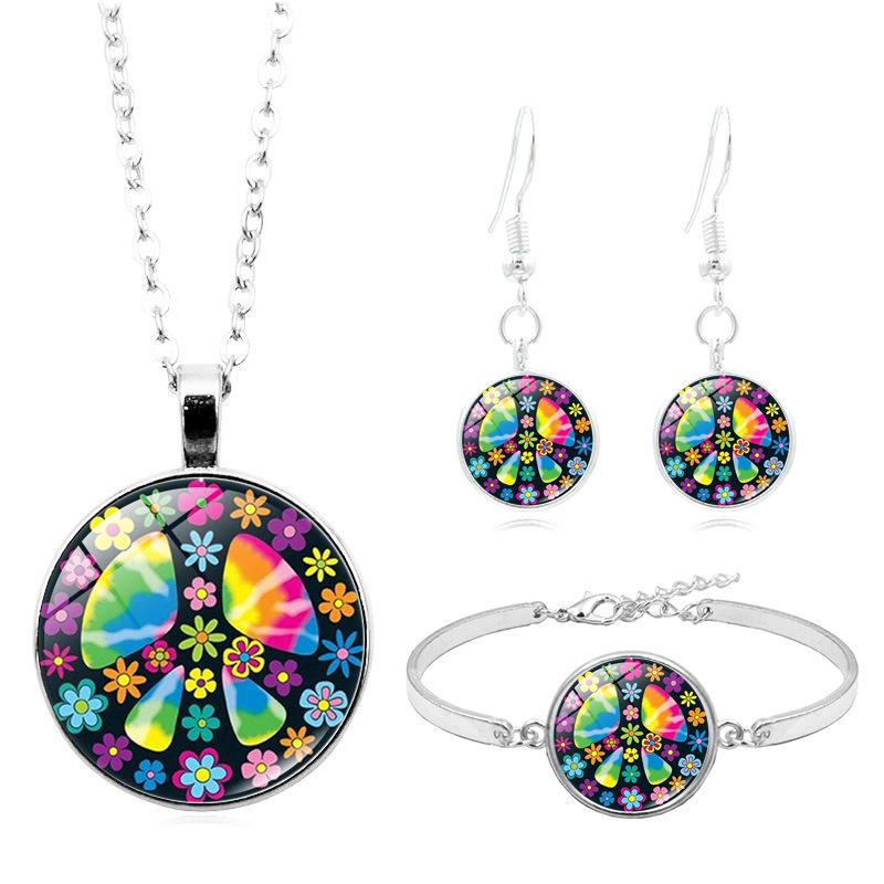 Peace Sign Time Gemstone Necklace Bracelet Earrings Three-Piece Jewelry Set Gift