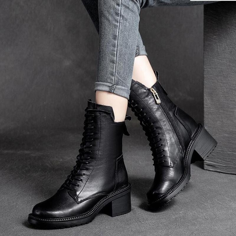 Fashion GKTINOO 2025 Cow Leather Quality Women Shoes Autumn Winter Square Med Heel Ankle Boots Lace Up Zipper Ladies Pumps Size 35-40