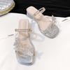 Summer 2025 New Women's Double Wear Butterfly Knot Sandals Transparent French Style Fashionable Thick Heel Slides Slip-On Shoes