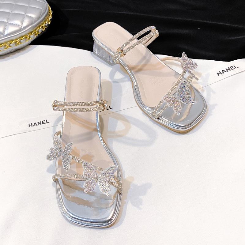 Summer 2025 New Women's Double Wear Butterfly Knot Sandals Transparent French Style Fashionable Thick Heel Slides Slip-On Shoes