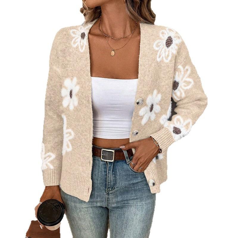 2025 Autumn Winter New European and American Flower Jacquard Pattern Button Front Closure Cardigan Long-sleeved Women's Clothing