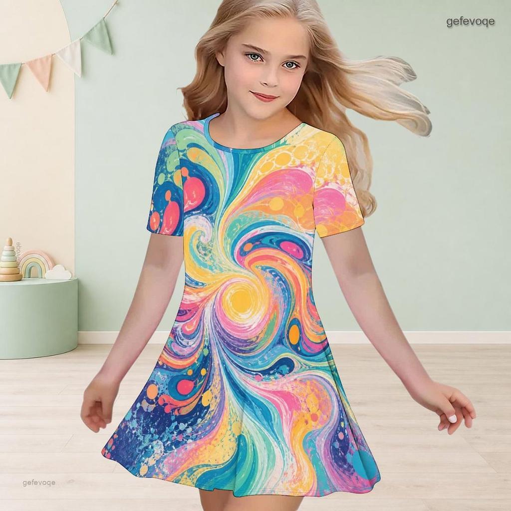 Girls Round Neck Short Sleeve Colorful Swirl Printed A Line Flared Dress