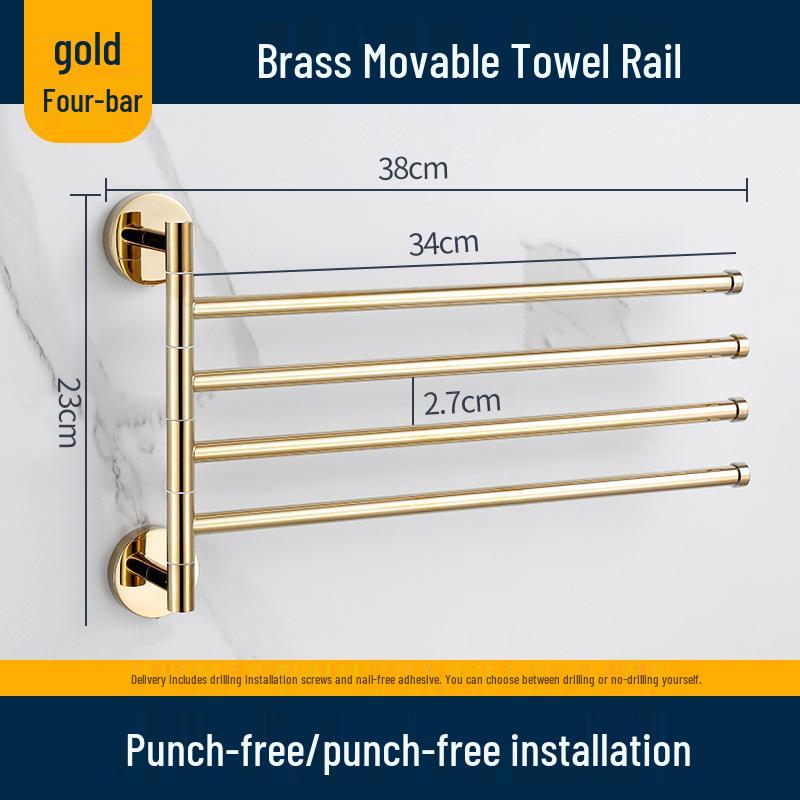Rotatable Gold Foldable Copper Towel Rack - Punch-Free Multi-Bar for Bathroom