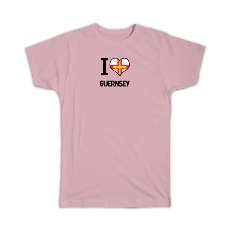 Gift T-Shirt : I Love Guernsey Flag Heart Country Crest Expat XL