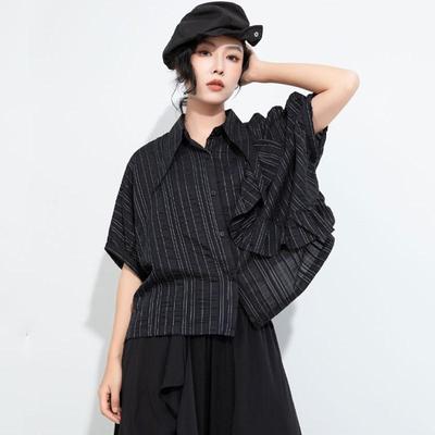 Short Sleeve Oversized Black Vintage Stripe Shirts & Blouses for Blouse Casual Loose Summer Tops Women Button Up Shirt