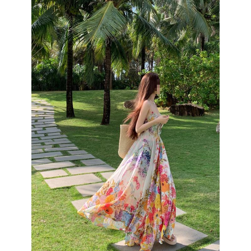 French Pure Desire Color Broken Flower Suspender High Waist Pendulum Seaside Vacation Dress Women