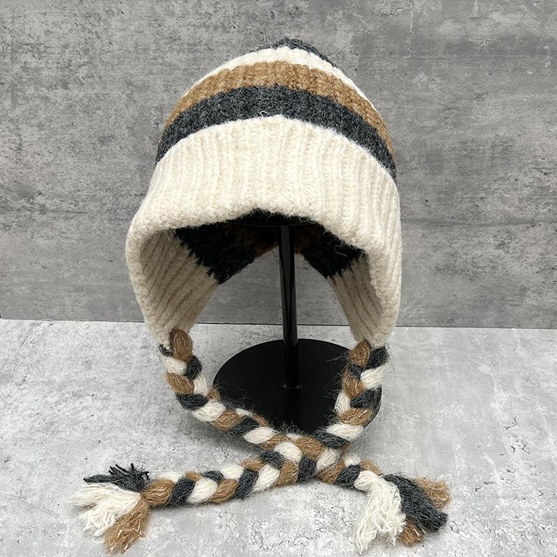 Big Head Circumference Shows Small Face, Contrasting Stripes, Thickened Warm Knitted Wool Hat, Children'S Braided Ear Hat
