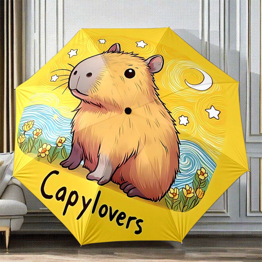 

1pc Automatic Open/Close Umbrella with Capybara & Capybara Print - 8-Rib Windproof Folding Umbrella with Capybara Design, Auto (as the picture,Iron&8K)