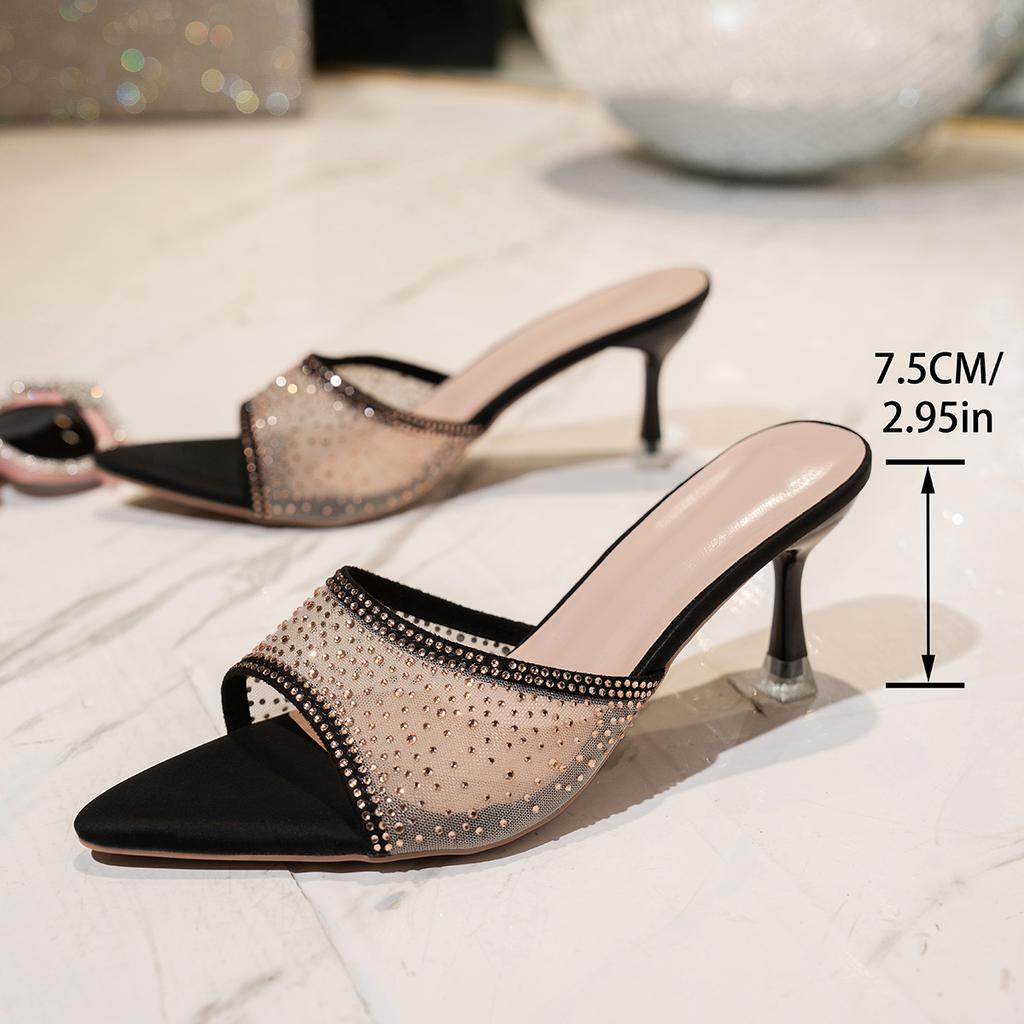 Mode Aphixta Bling Cristal Maille Talons Hauts Sandales Tempérament Femme Été Bout Ouvert Fête Talons Fins Pantoufles Dames Chaussures à Enfiler
