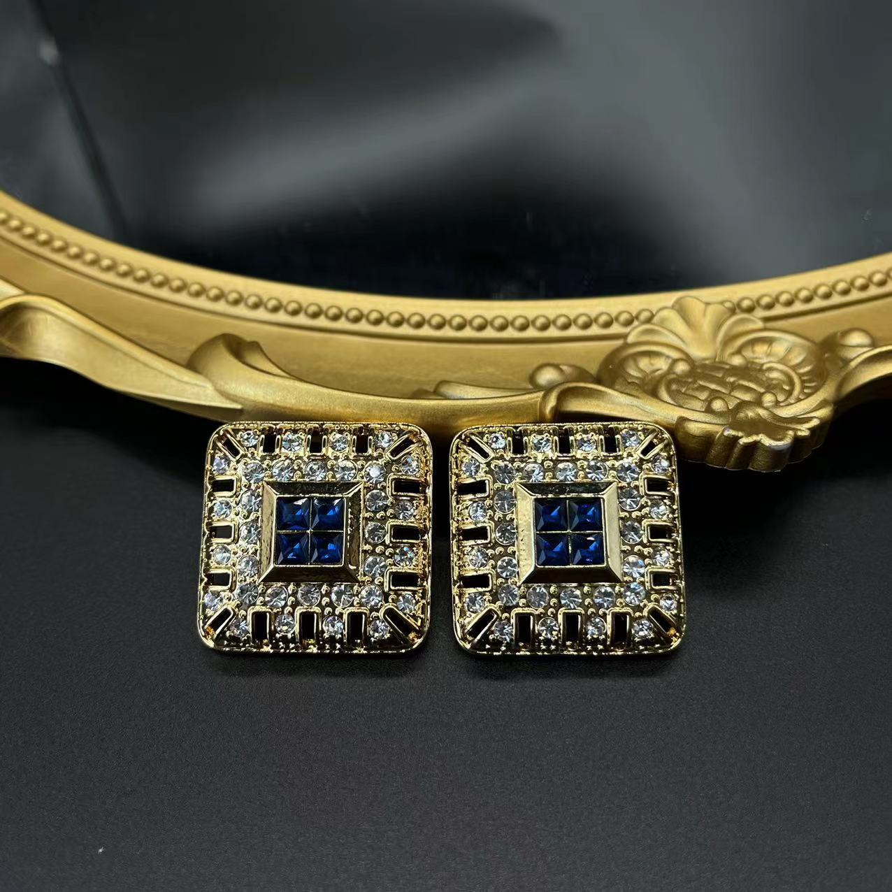 Vintage Original High-end Square Antique Marked Earrings Set With Zircon Copper Gold-plated Versatile Temperament