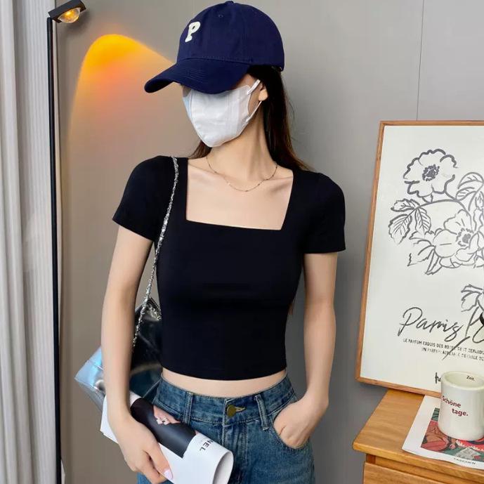 

Plus Size Square Neck Short Sleeve Slimming Cropped Top for Women M (86-100 Jin)