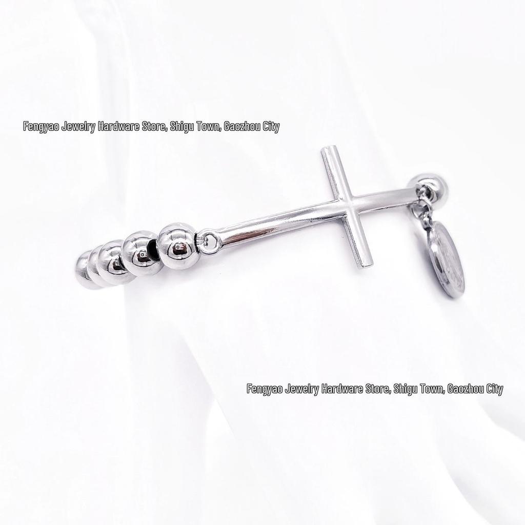 8mm Random Three-Color Bead Stainless Steel Handcrafted Cross Bracelet