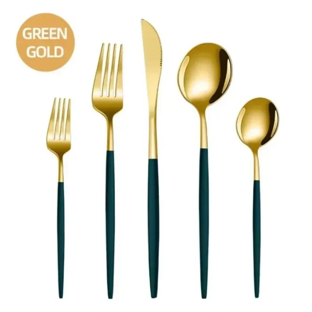 5 Pcs Black and Golden Spoon and Fork Set Stainless Steel Steak Knife Fork Spoon Dessert Spoon Tableware Kitchenware Set