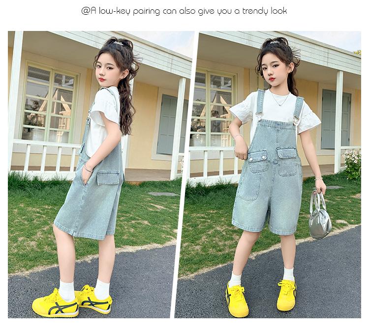 Girls' denim overalls set for summer 2026, new stylish mid size children's Korean version fashionable shorts two-piece set