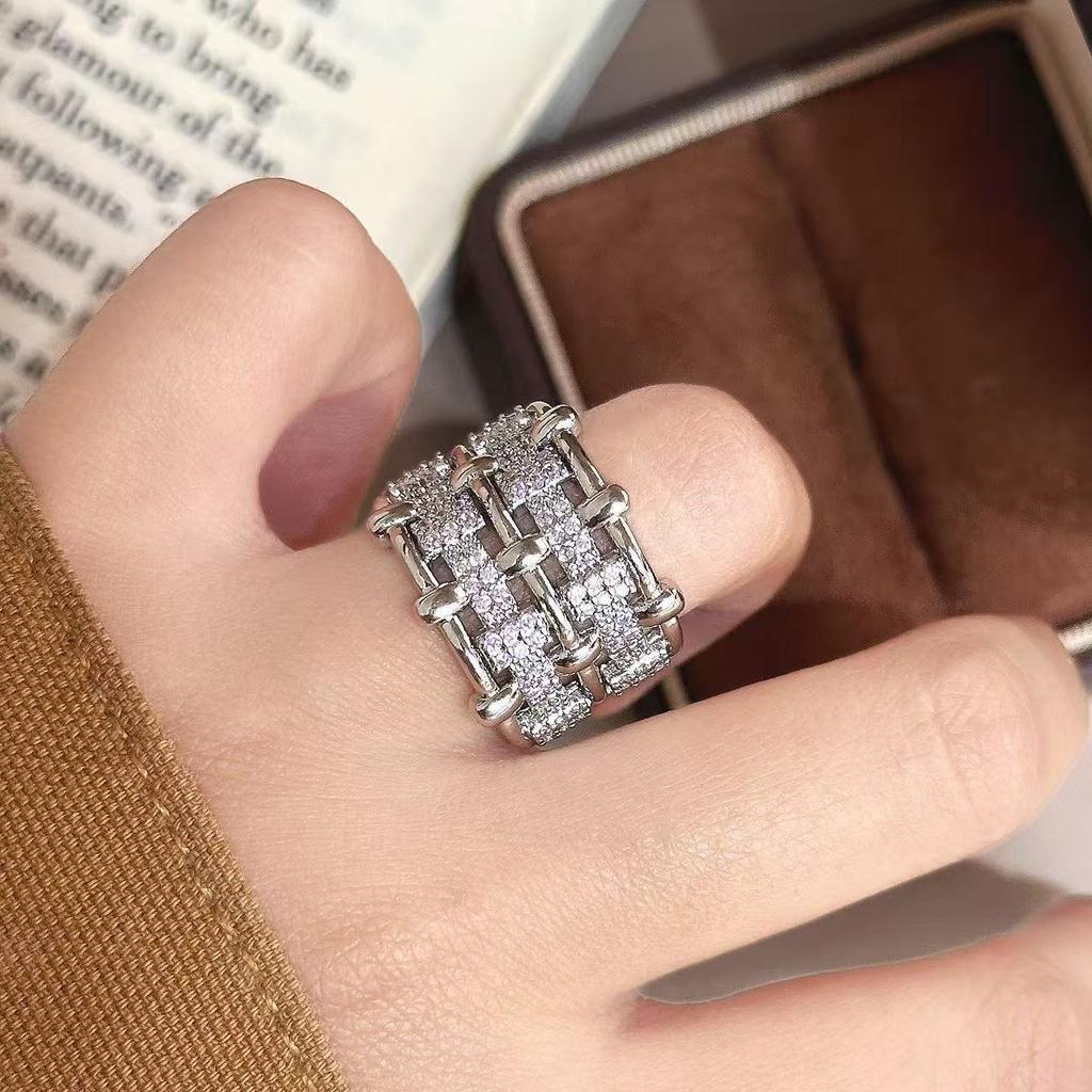 Hot Sale Copper Inlaid Zircon Multi-layer Geometric Ring Light Luxury Versatile Temperament INS Wind Ring