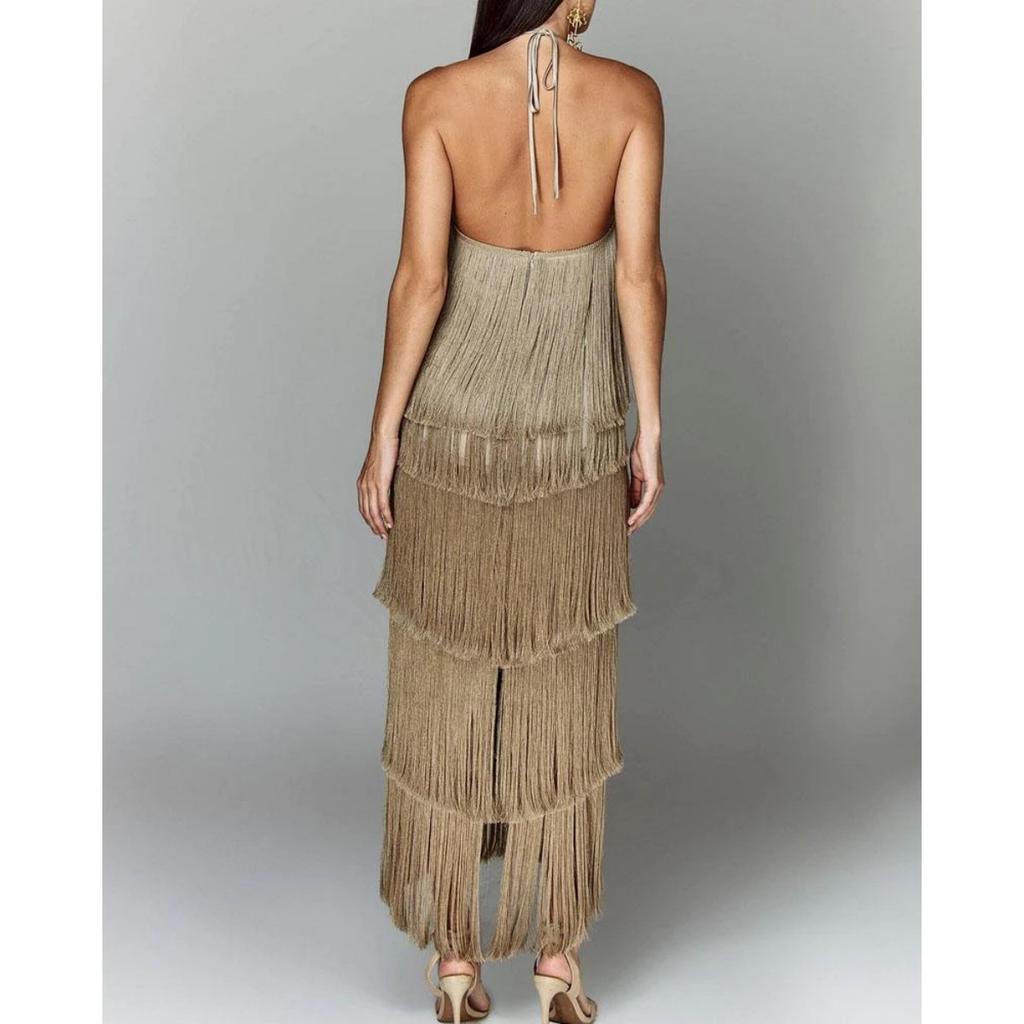 European American Fashion Halter Backless Slit Tassel Maxi Dress for Women