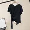 T-shirt à manches courtes et col rond pour femme, ourlet irrégulier, élastique, fin, couleur unie, pull ample, streetwear, été