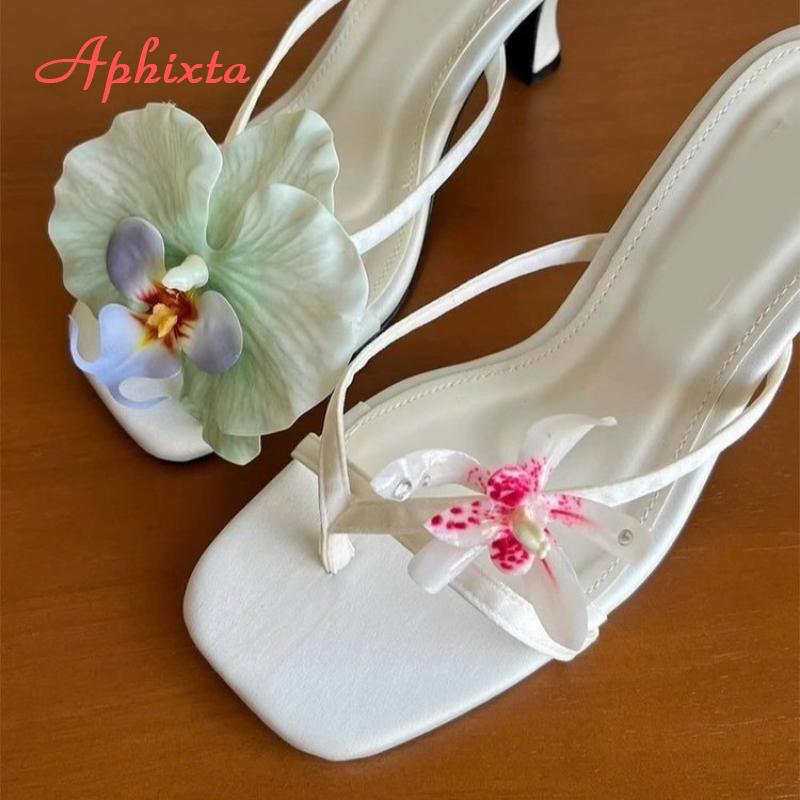 Aphixta High Heels Woman Mules Flip Flops Flower Summer High Heeled Women White Pink Floral Heels Square Toe Prom Slipper