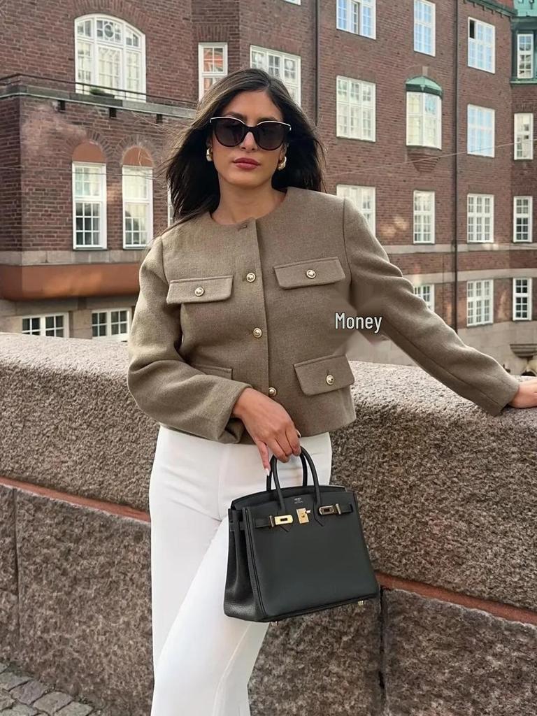 2024 Autumn Women's Pocket Crew Neck Fashion Coat