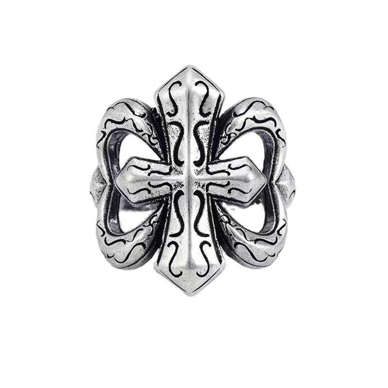 Hip-hop Exaggerated and Domineering Wide Version Military Flower Cross Ring Trendy Men's and Women's Ring