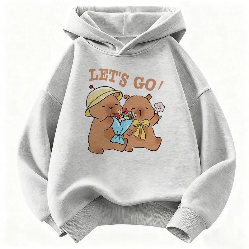 Fashion Kawaii Capybara Bow with Flower Kids Hooded Children's Sweatshirt Cute Hoody for Boys Girls Casual Hoodies Kids Clothing Top