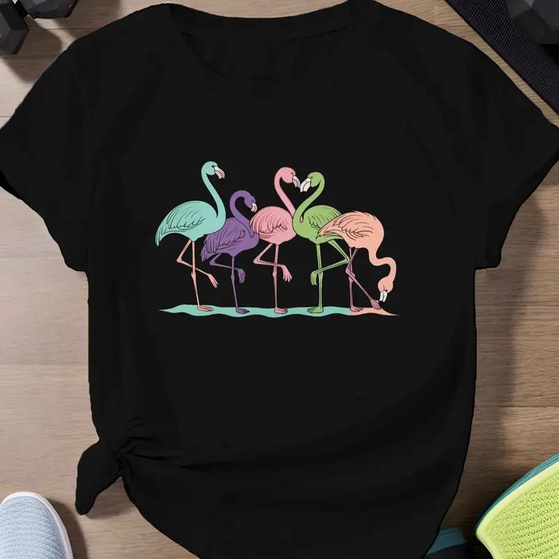 Dámské letní tričko s potiskem plameňáka, retro móda, trička s krátkým rukávem, ležérní potištěné topy