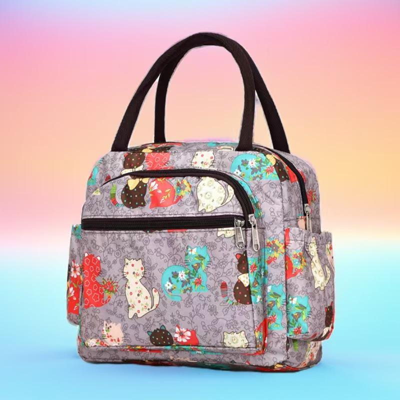Floral Multi-Zipper Lunch Handbag: Oxford Cloth Mommy Bag with Mobile Pocket