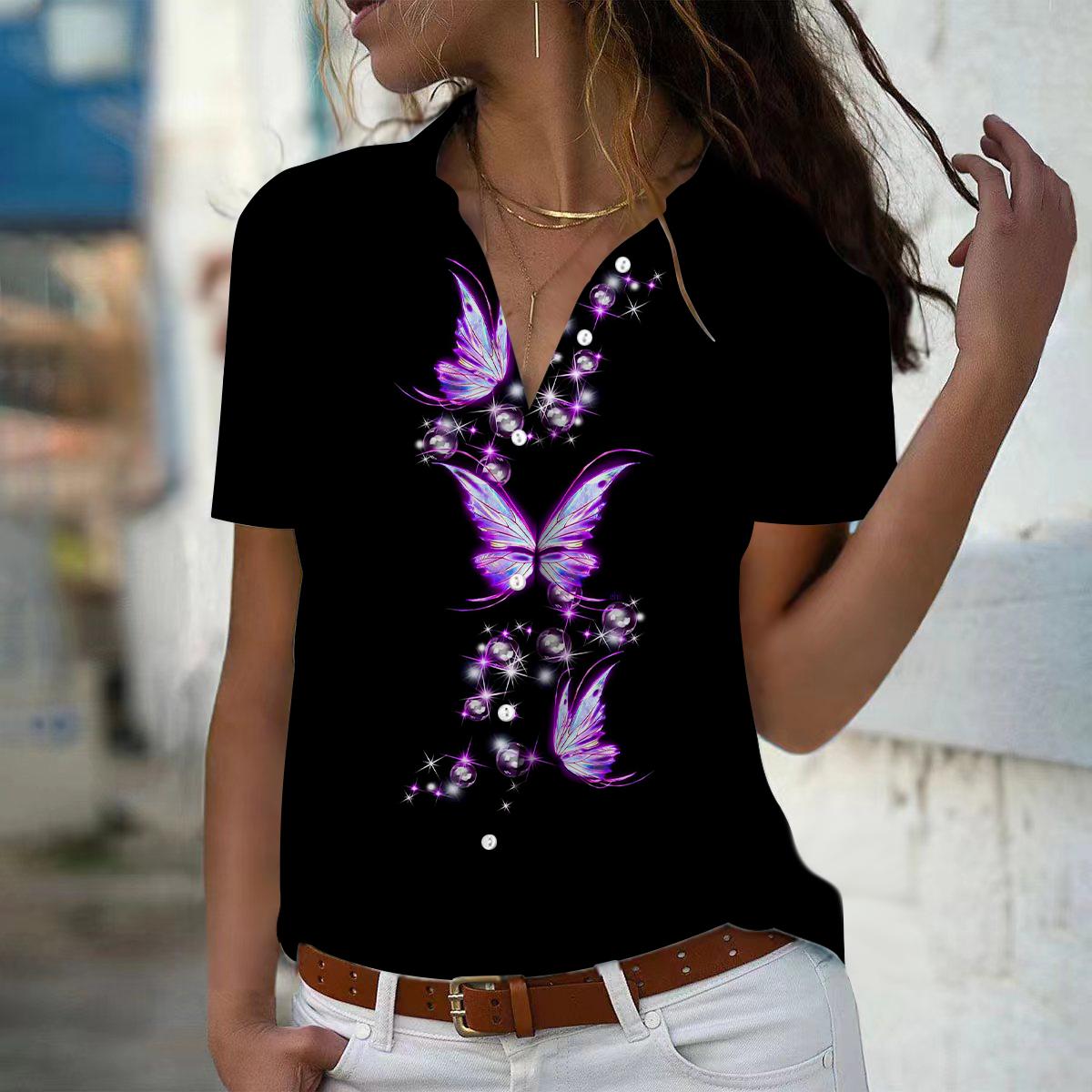 

2025 Summer New Fashion Women s Butterfly Printed Short Sleeve V-neck Casual Button-down Shirt Top XS фіолетовий