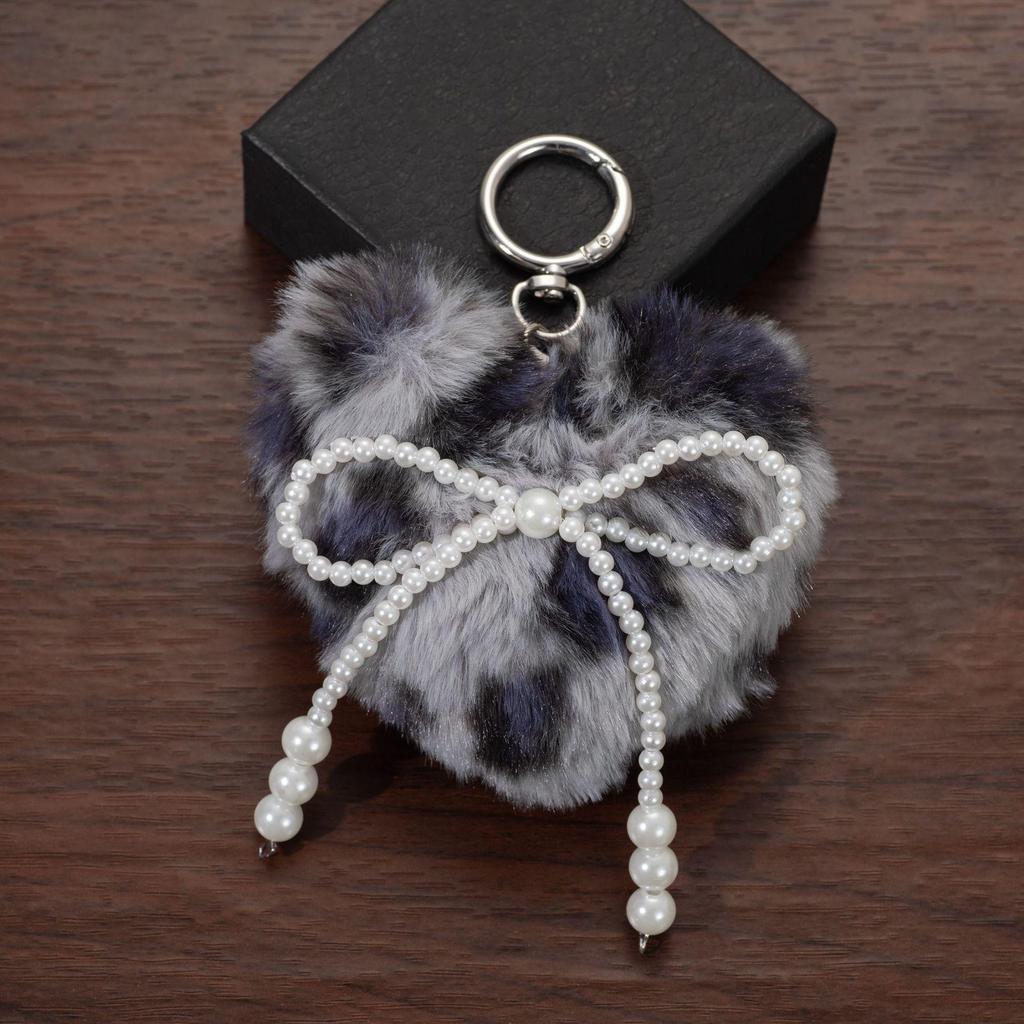 Leopard Print Faux Pearl Bow Keychain Backpack Charm