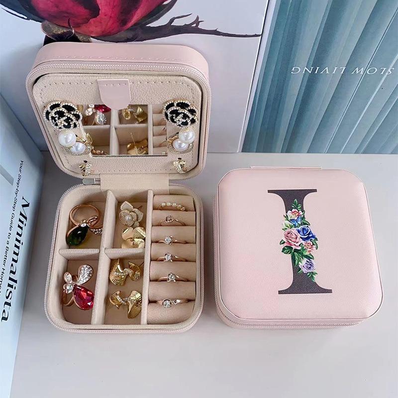 PU Leather Jewelry Box Mirror Storage Box 26 Letter Printed Portable Jewelry Organizer Earring Ring Necklace Case