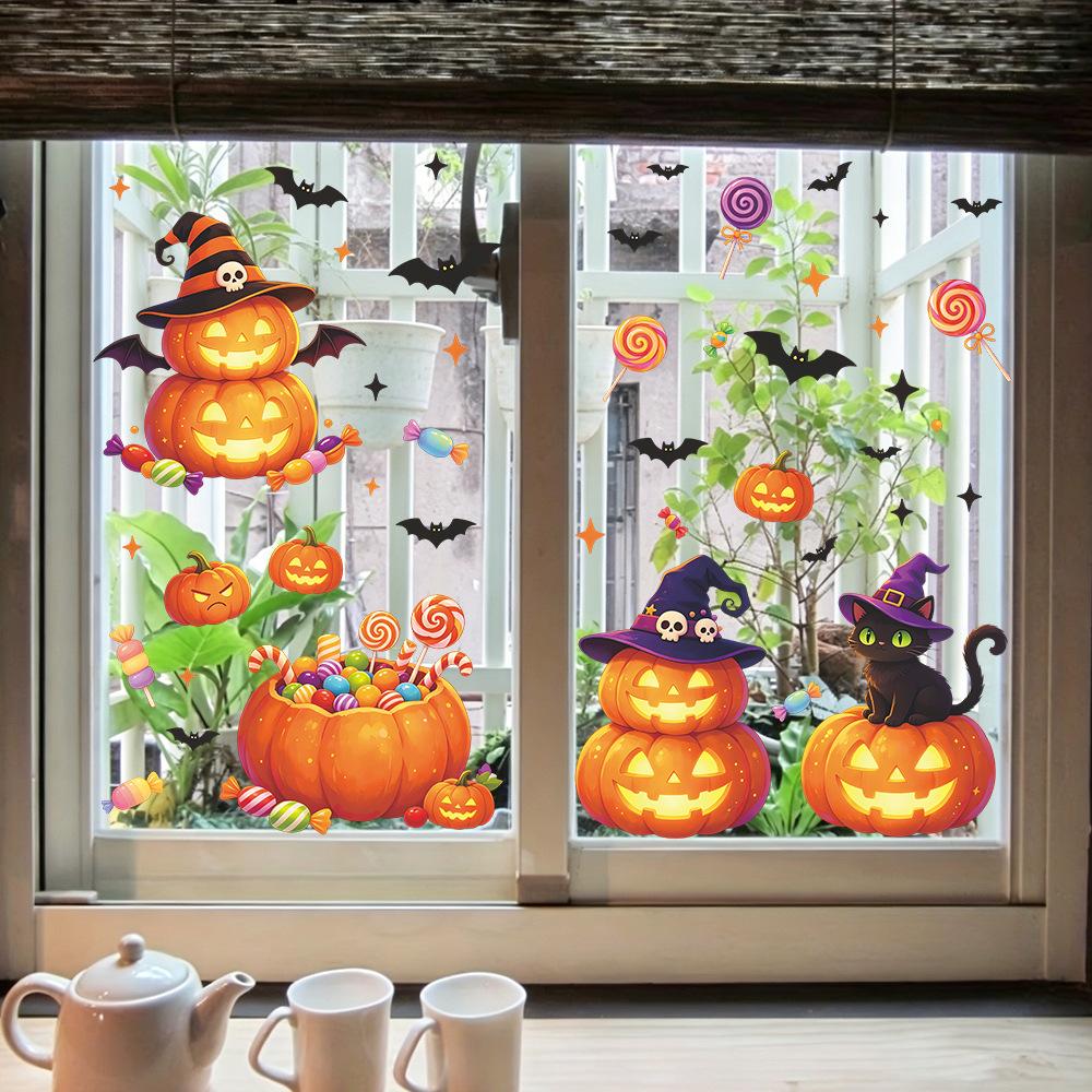 Halloween-themed Decorations: Carved Pumpkins, Candies, Black Cats, Window Beautification, Window Stickers