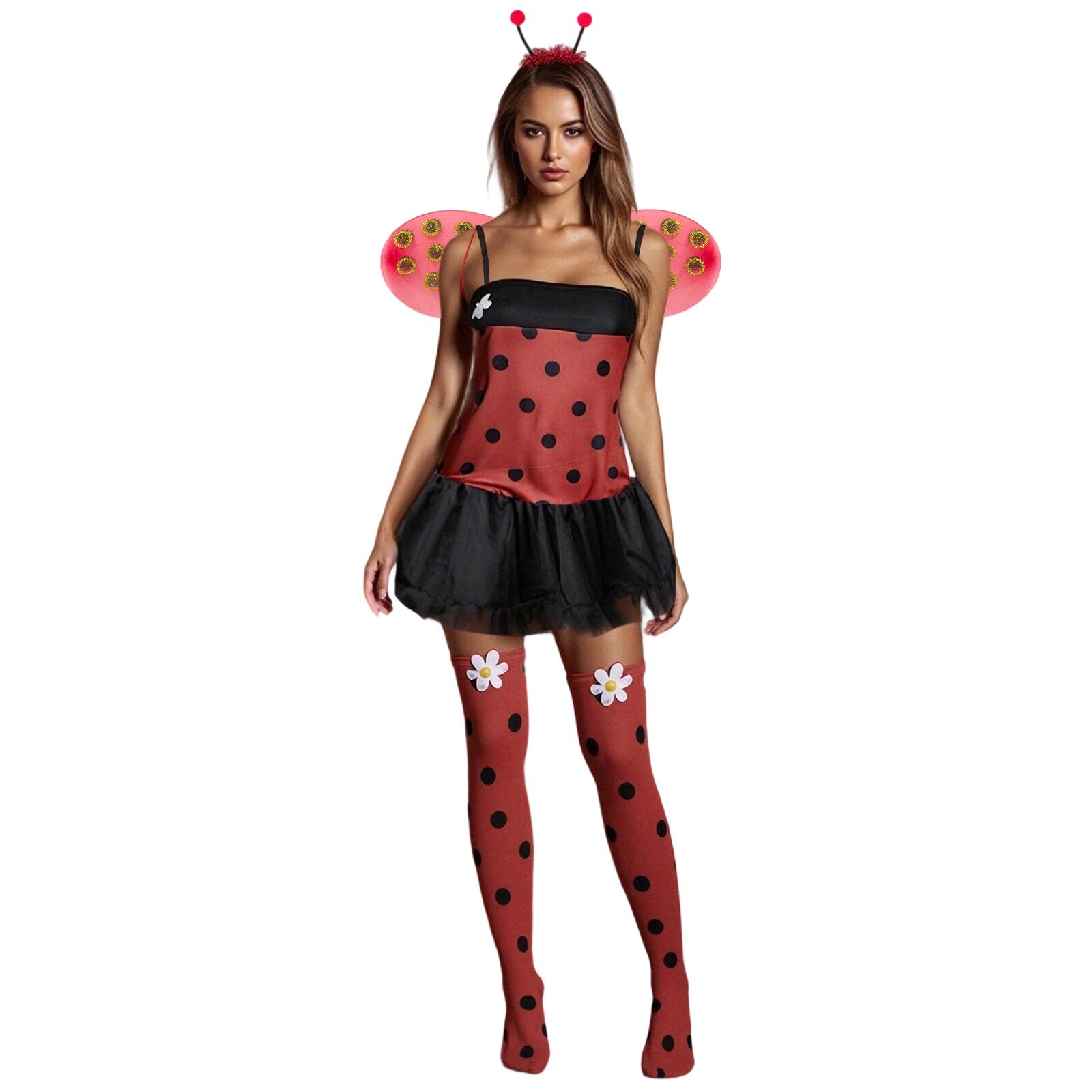 Combhasaki Dames Halloween Insecten Kostuums Schattige Bij Lieveheersbeestje Jurk en Vleugels Hoofdband Set voor Kerstmis Cosplay Feest Outfits S black