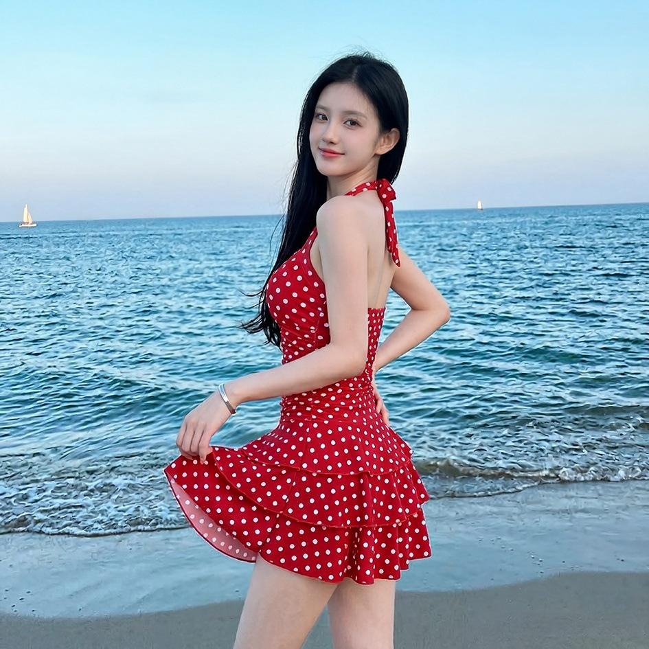 One-piece Swimsuit Women's Senior Sense Slightly Fat, Covering Meat, Small Breasts Gathering Skirt Swimsuit Retro Polka Dot Backless Hot Spring Swimsu