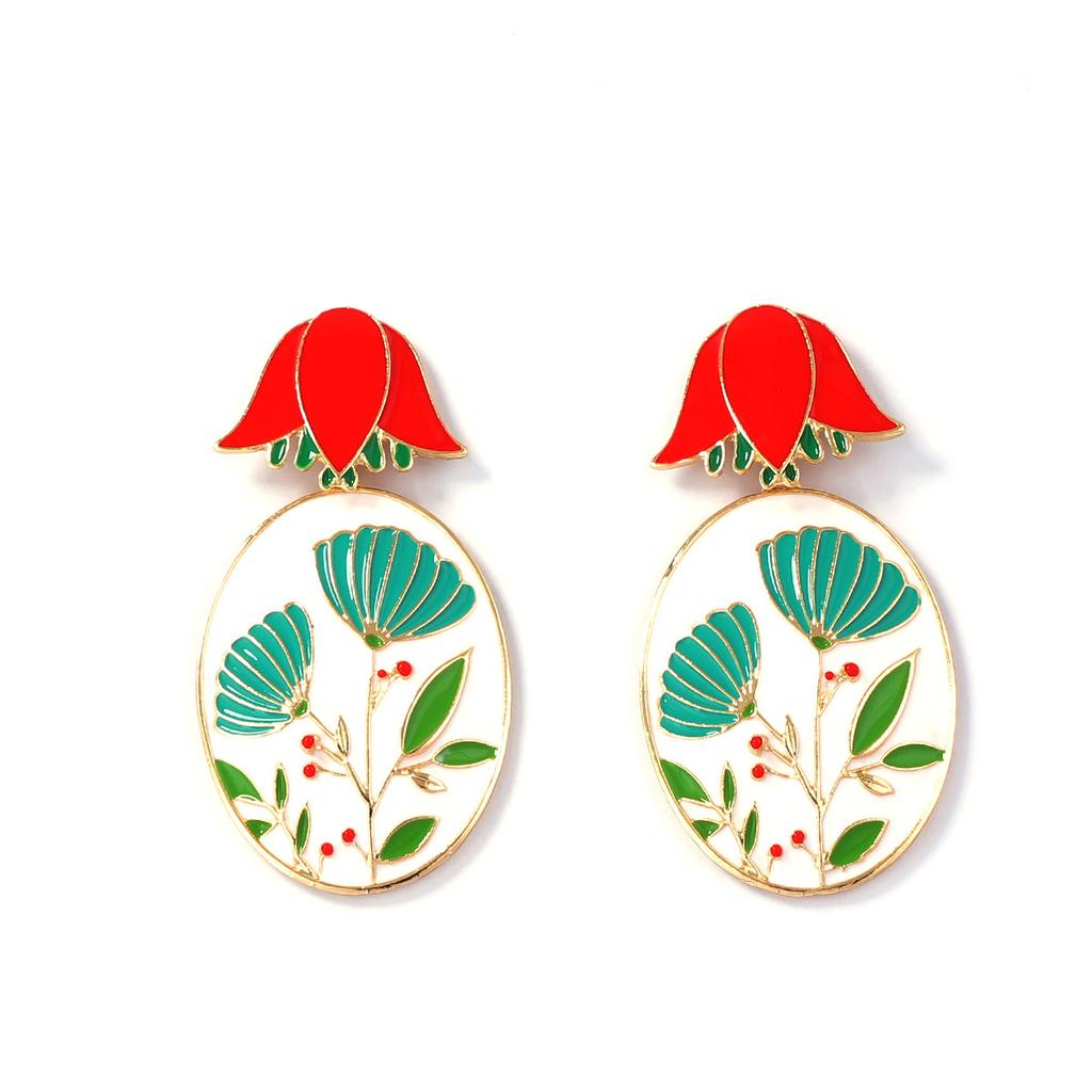Literary, simple and creative niche design sense Alloy dripping oil three-dimensional flower earrings Versatile commuter earrings