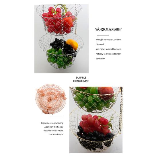 3-Tier Hanging Fruit Basket Stainless Steel Storage Basket Foldable Wire Organizer for Fruits Vegetables Toiletries