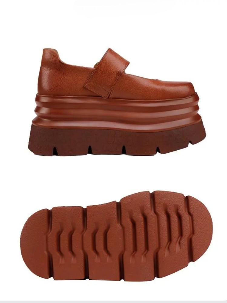 Johnature Vintage Thick Soled Shoes Round Toe Genuine Leather Versatile Four Seasons Women's Shoes