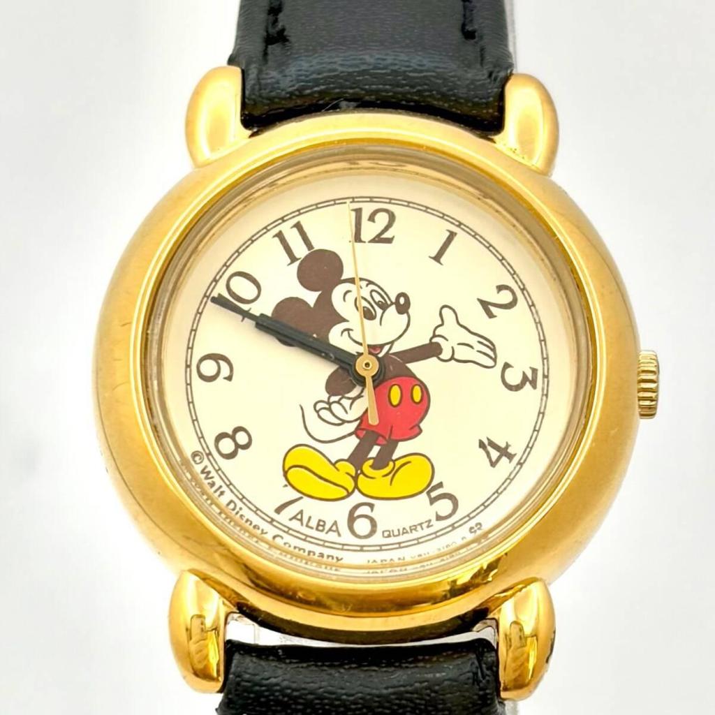 Used [New Battery] SEIKO ALBA Ladies Watch Mickey Mouse Gold V811-0550 411833 New Belt