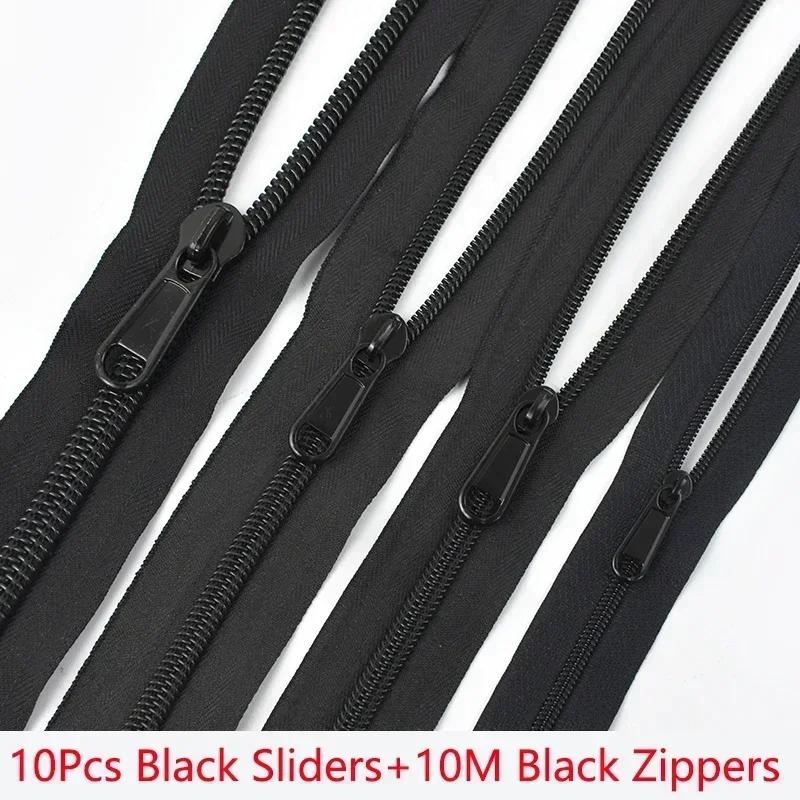Meetee 3# 5# 8# 10# 10M Black Nylon Roll Zippers + 10Pcs Zipper Pullers Clothes Sewing Zip Slider Head Zips Repair Accessoies