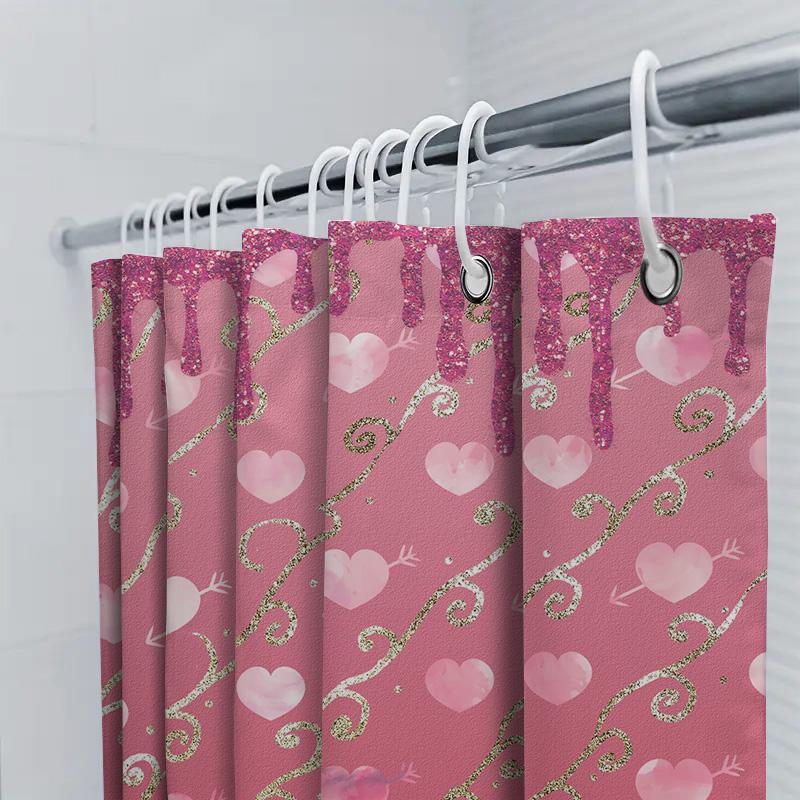 Romantic Heart Print Shower Curtain Pink Gold Waterproof Fabric With Glittery Drip Design For Bathroom Decor